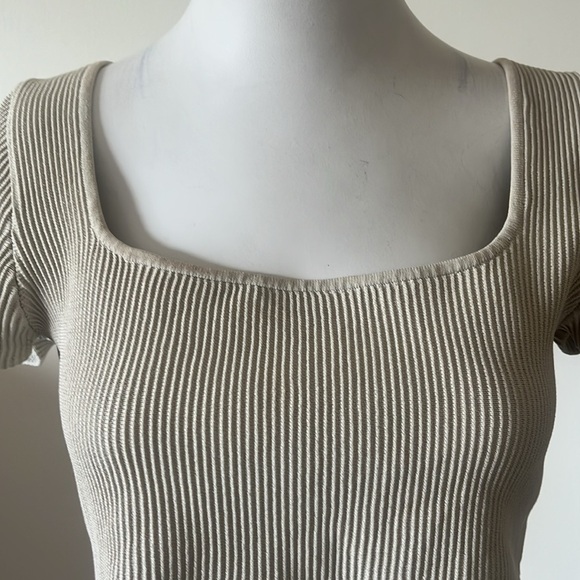 Aritzia Babaton Beige Ribbed Crop Short Sleeve Top size L - Picture 3 of 11
